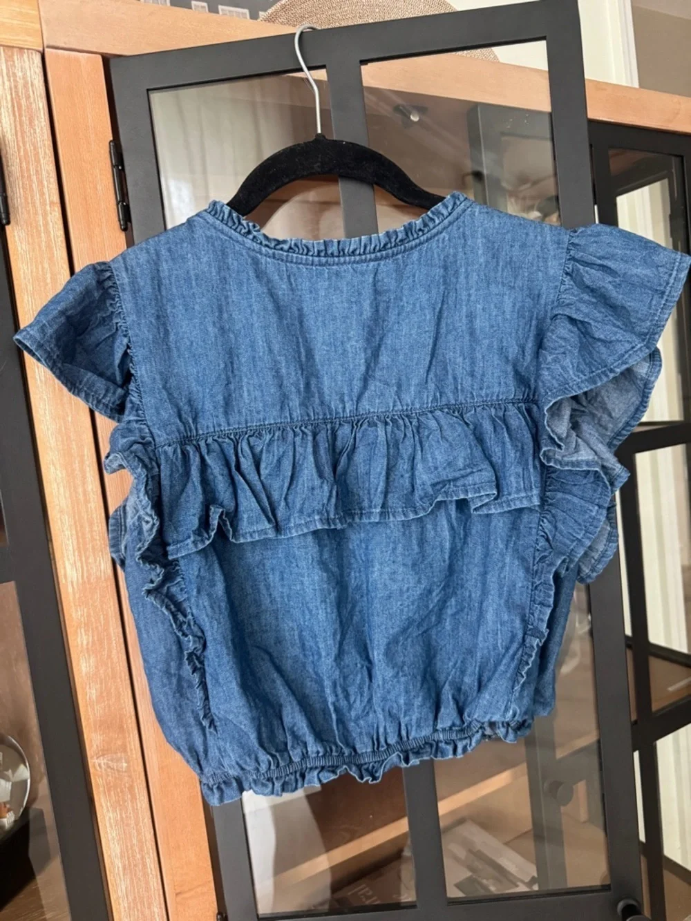 Gap × LoveShackFancy girls Denim Ruffle Button Front Top cropped shirt